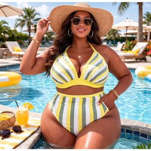 Women's Kona Sol Yellow White Striped Bikini Set Plus Size 3X & 1X